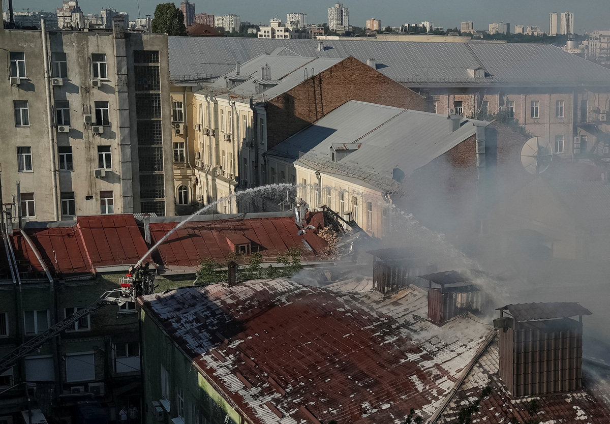Firefighters work at the Palladin Institute of Biochemistry, hit by a Russian missile and drone strike, amid Russia's attack on Ukraine, in Kyiv, Ukraine, July 2, 2026. REUTERS/Anna Voitenko