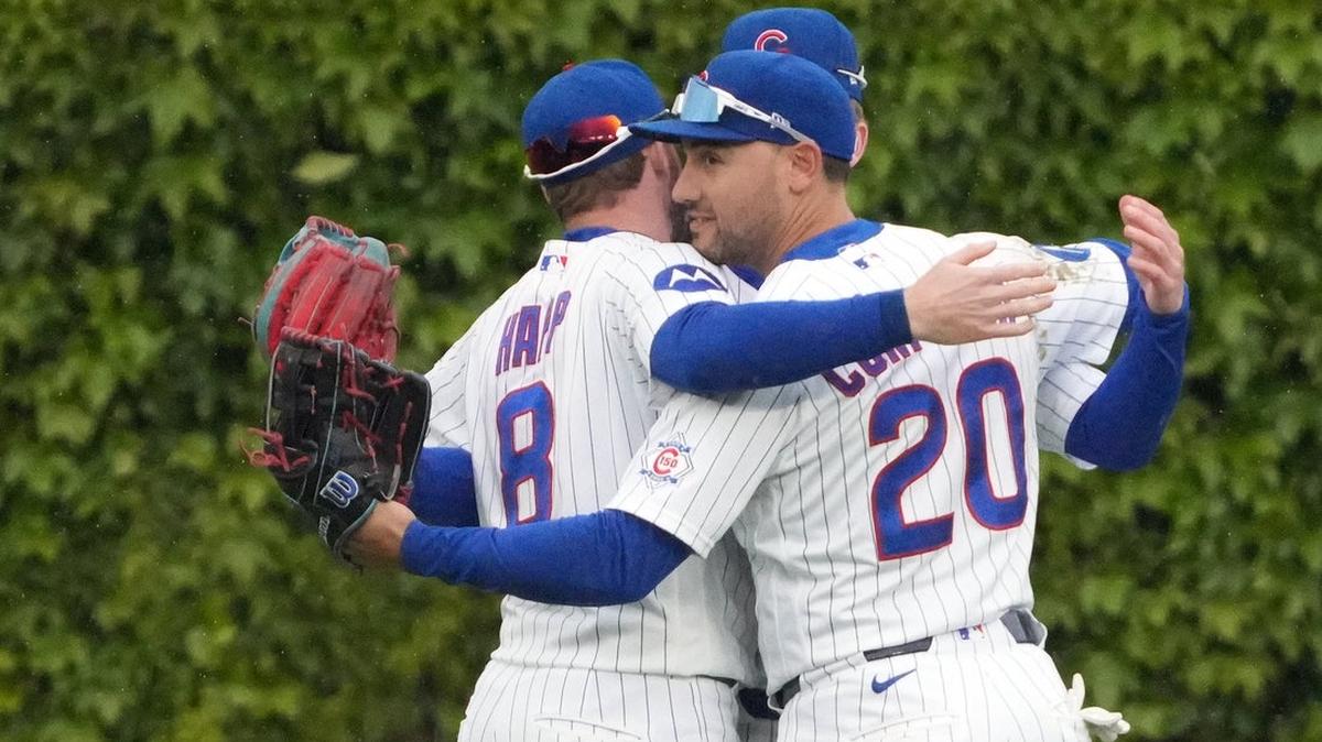 
                 May 7, 2026; Chicago, Illinois, USA; Chicago Cubs right fielder Michael Conforto (20) celebrates the Cubs win  against the Cincinnati Reds with left fielder Ian Happ (8) at Wrigley Field. Mandatory Credit: David Banks-Imagn Images 
              
