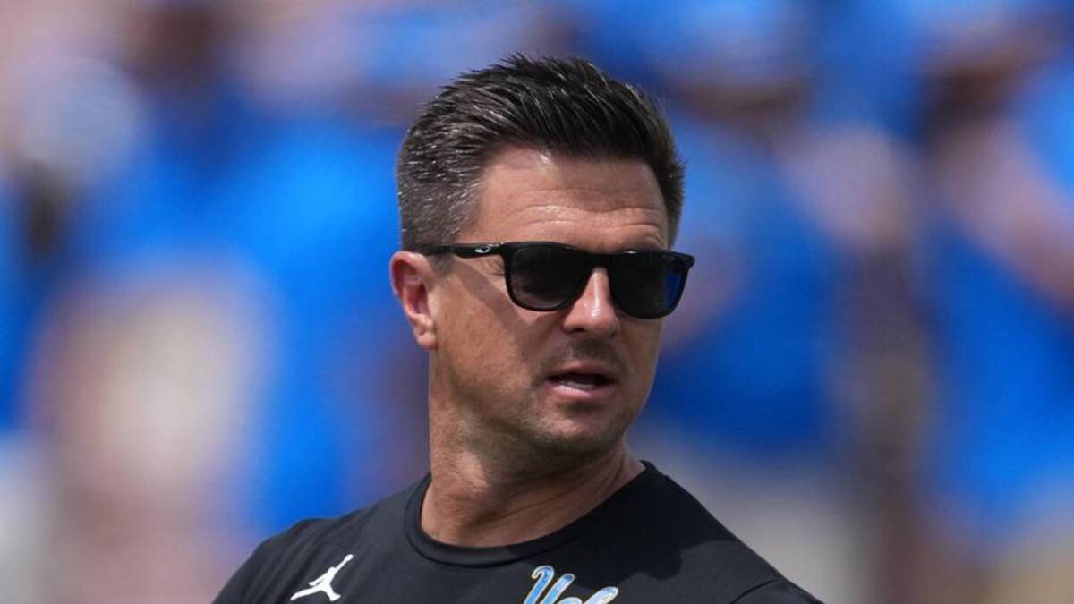  May 2, 2026; Pasadena, CA, USA; UCLA Bruins coach Bob Chesney reacts during the spring game at Rose Bowl. Mandatory Credit: Kirby Lee-Imagn Images | Kirby Lee-Imagn Images 