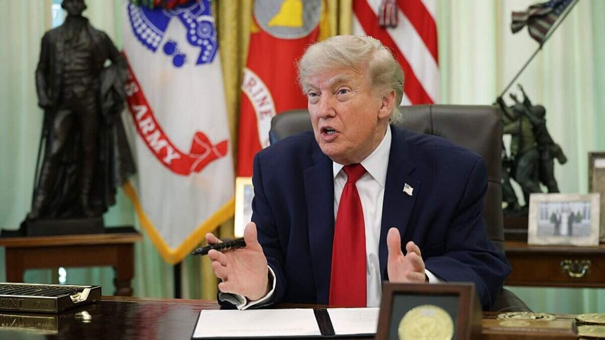 President Donald Trump speaks to reporters after signing an executive order dealing with automobile repairs in the Oval Office at the White House on June 29, 2026, in Washington, D.C.