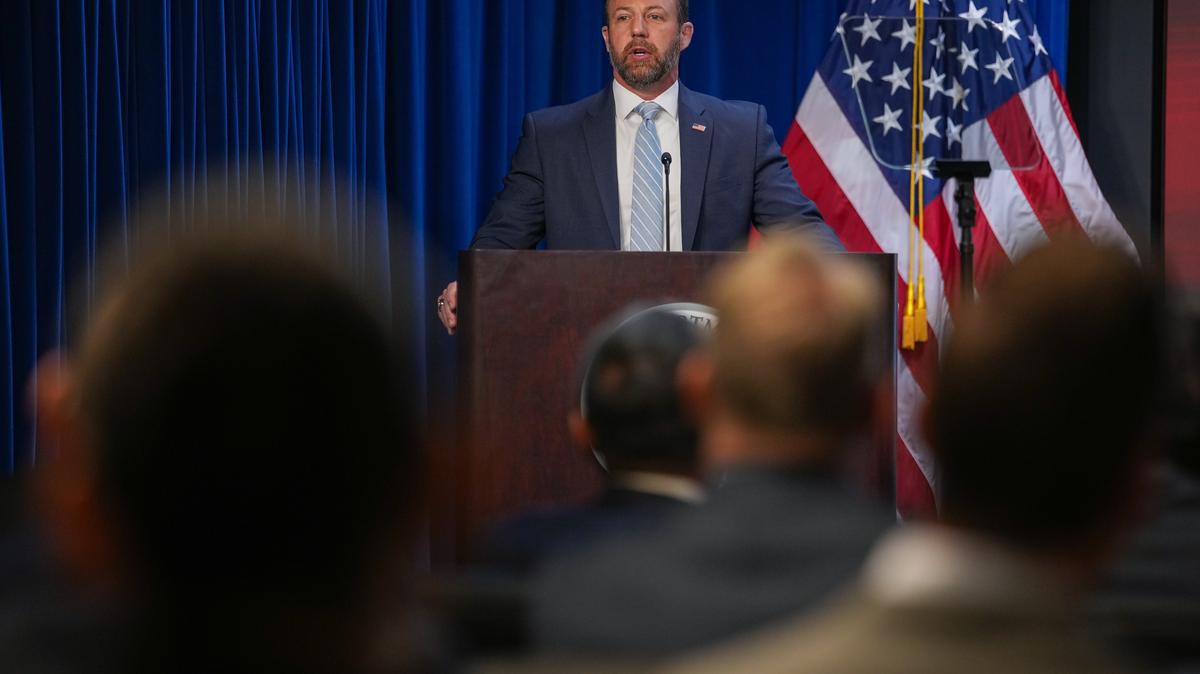 DHS Secretary Markwayne Mullin Speaks At ICE Headquarters For Police Week Event. U.S. Secretary of the Department of Homeland Security Markwayne Mullin speaks during an event for National Police Week at the U.S. Immigration and Customs Enforcement (ICE) headquarters on May 13, 2026 in Washington, DC. 