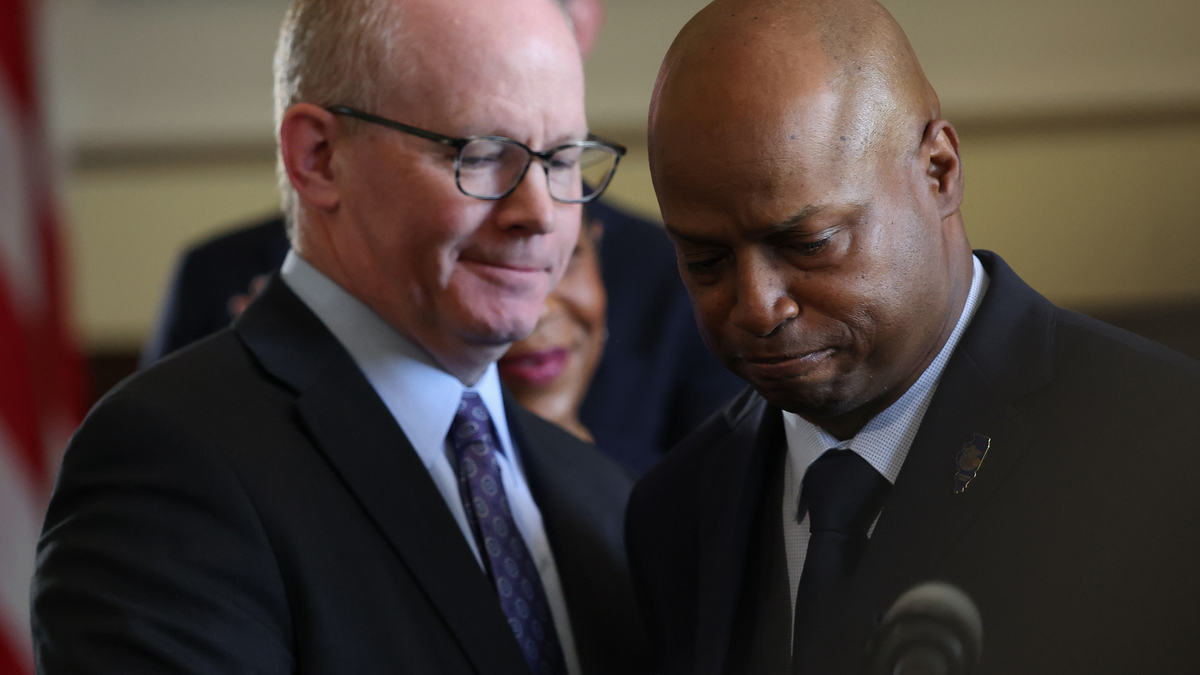Senate President Don Harmon, left, and House Speaker Emanuel "Chris" Welch trade places at the lectern during a news conference hours after the end of the spring legislative session at the State Capitol, June 1, 2026, in Springfield, Illinois. (John J. Kim/Chicago Tribune/TNS)