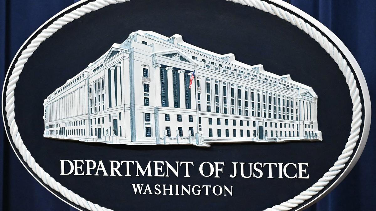 A logo for the U.S. Department of Justice is seen before the start of a news conference on health care fraud enforcement at the Department of Justice in Washington, D.C., on June 30, 2025. (Mandel Ngan/AFP/Getty Images/TNS)