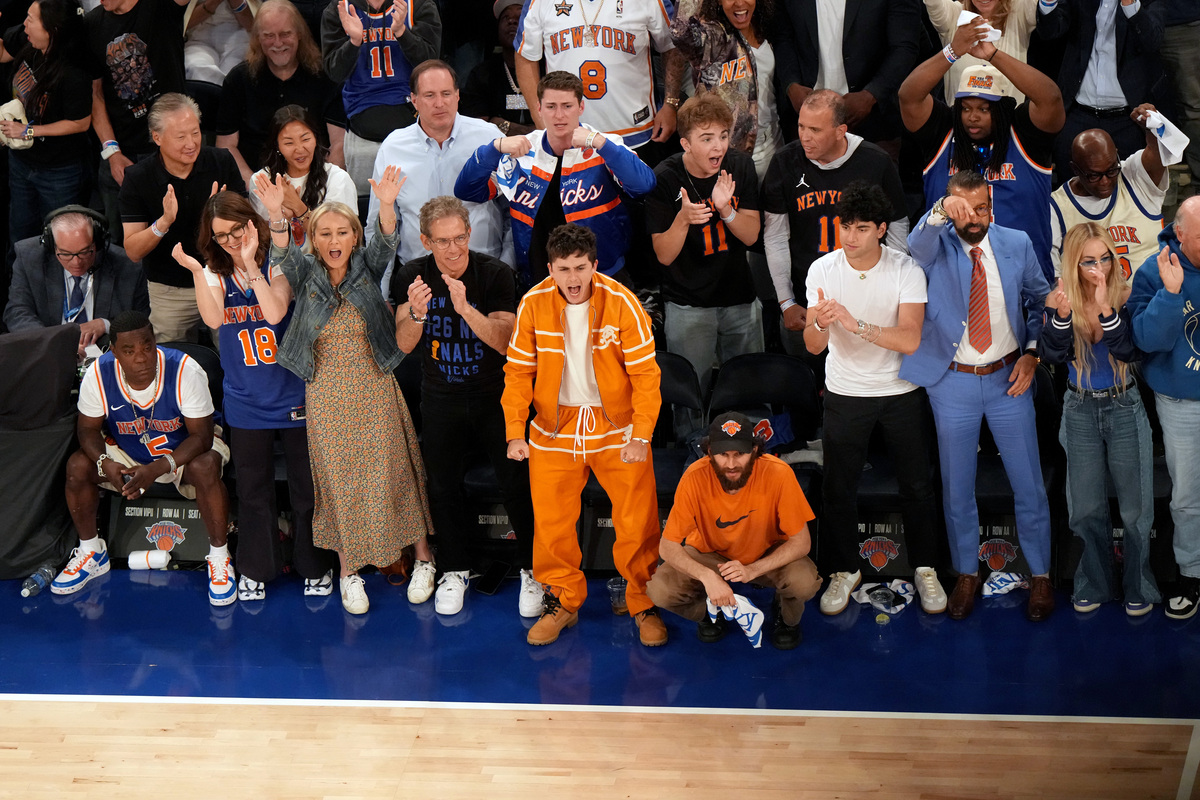 Basketball: NBA Finals: Tracy Morgan, Tina Fey, Christine Taylor, Ben Stiller, Timothee Chalamet and Josh Safdie look onErick W. Rasco / Contributor