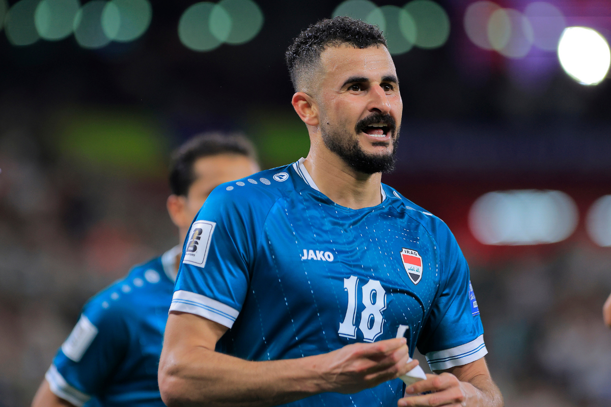  Aymen Hussein of Iraq celebrates after scoring the second goal during the FIFA World Cup 2026 Qualifying Playoff tournament match between Iraq and Bolivia at Estadio Monterrey on March 31, 2026. 