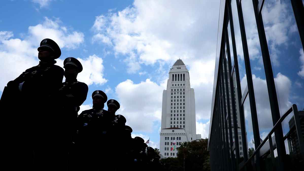 The Los Angeles Police Department hosts a memorial ceremony honoring the 241 LAPD officers who died in the line of duty at LAPD Headquarters in downtown Los Angeles on May 27, 2026. (Christina House/Los Angeles Times/TNS)