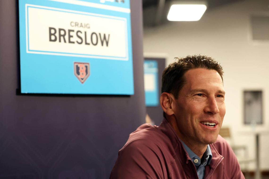  Feb 15, 2024; Tampa, FL, USA; Boston Red Sox chief baseball officer Craig Breslow talks with media at George M. Steinbrenner Field. Mandatory Credit: Kim Klement Neitzel-USA TODAY Sports 