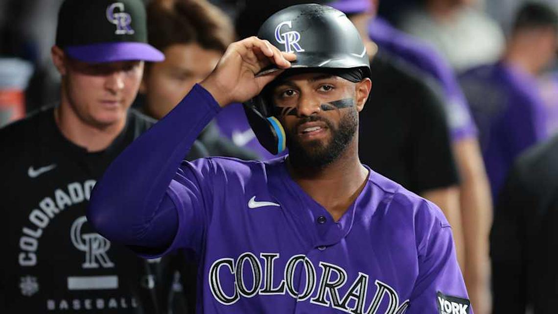  Mar 27, 2026; Miami, Florida, USA; Colorado Rockies second baseman Willi Castro (3) celebrates after scoring against the Miami Marlins during the fourth inning at loanDepot Park. | Sam Navarro-Imagn Images 