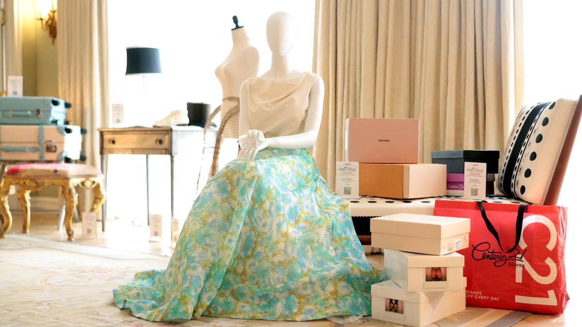 BEVERLY HILLS, CA, APRIL 21, 2026: Julien's Auction is hosting an auction for, "And Just Like ThatThe Auction: A New Chapter of Sex and the City," including Charlotte York-Goldenblatt's designer ensemble, center, at The Peninsula Beverly Hills on Tuesday, April 21, 2026. (Christina House / Los Angeles Times)