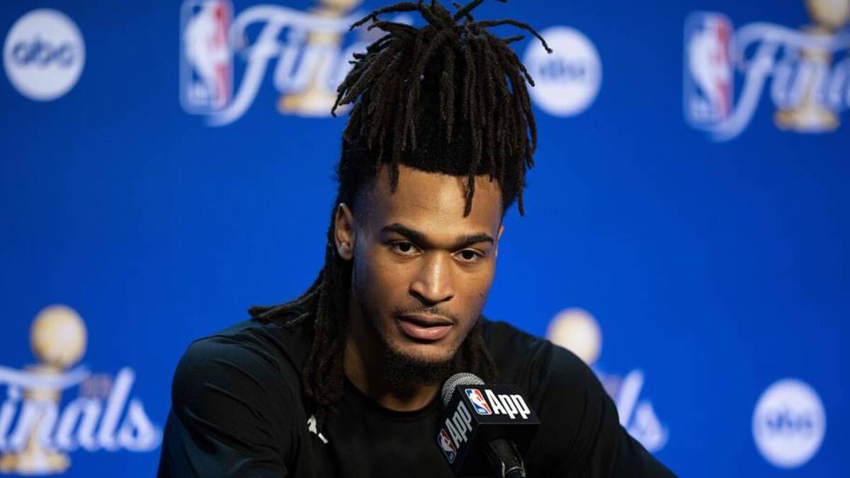  Jun 2, 2026; San Antonio, TX, USA; San Antonio Spurs guard Stephon Castle (5) talks to press during the NBA finals media day at Frost Bank Center. | Dustin Safranek-Imagn Images 