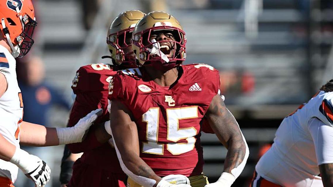  Nov 9, 2024; Chestnut Hill, Massachusetts, USA; Boston College Eagles defensive end Quintayvious Hutchins (15) reacts after a sack against the Syracuse Orange during the first half at Alumni Stadium. Mandatory Credit: Brian Fluharty-Imagn Images | Brian Fluharty-Imagn Images 