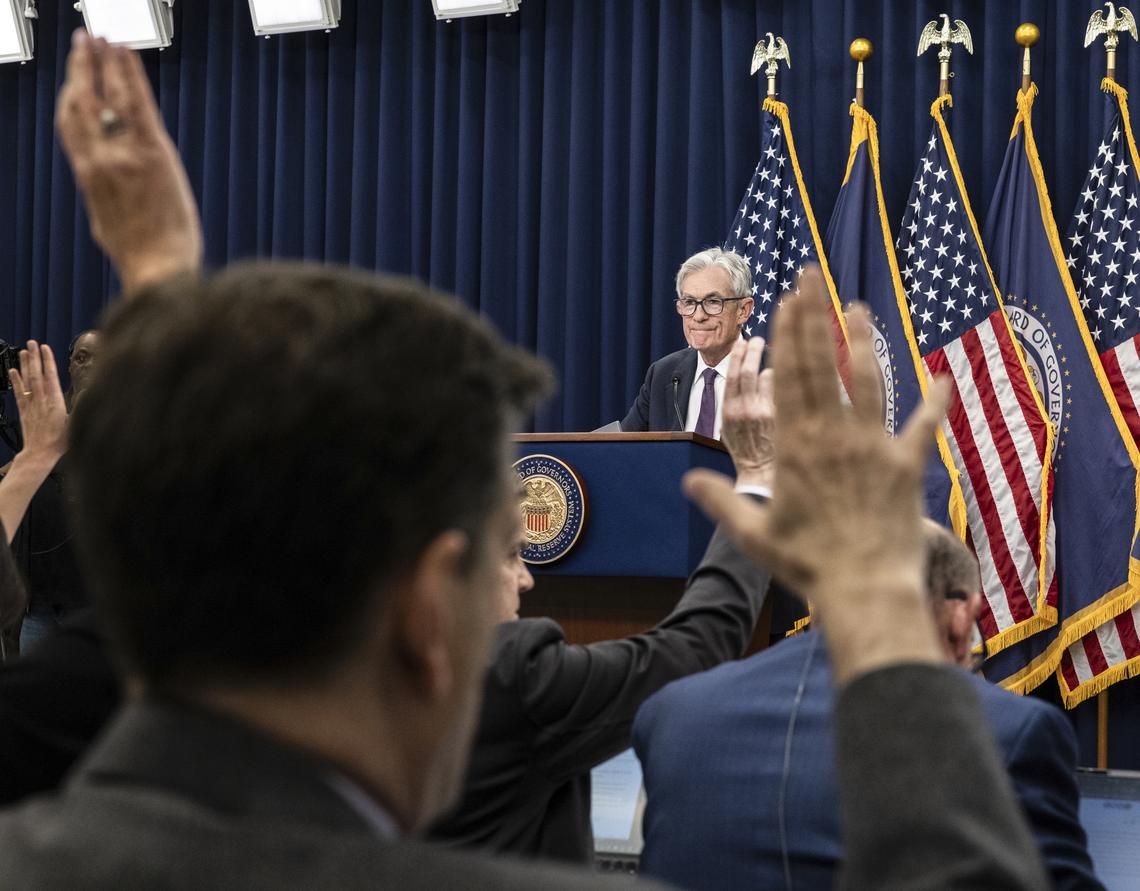 Jerome Powell, the Federal Reserve chairman, speaks at a news conference at the Federal Reserve in Washington, on Wednesday, April 29, 2026. The central bank opted on Wednesday to keep rates unchanged at a range of 3.5 to 3.75 percent for the third meeting in a row, in what was the most highly divisive decision in decades. (Anna Rose Layden/The New York Times)