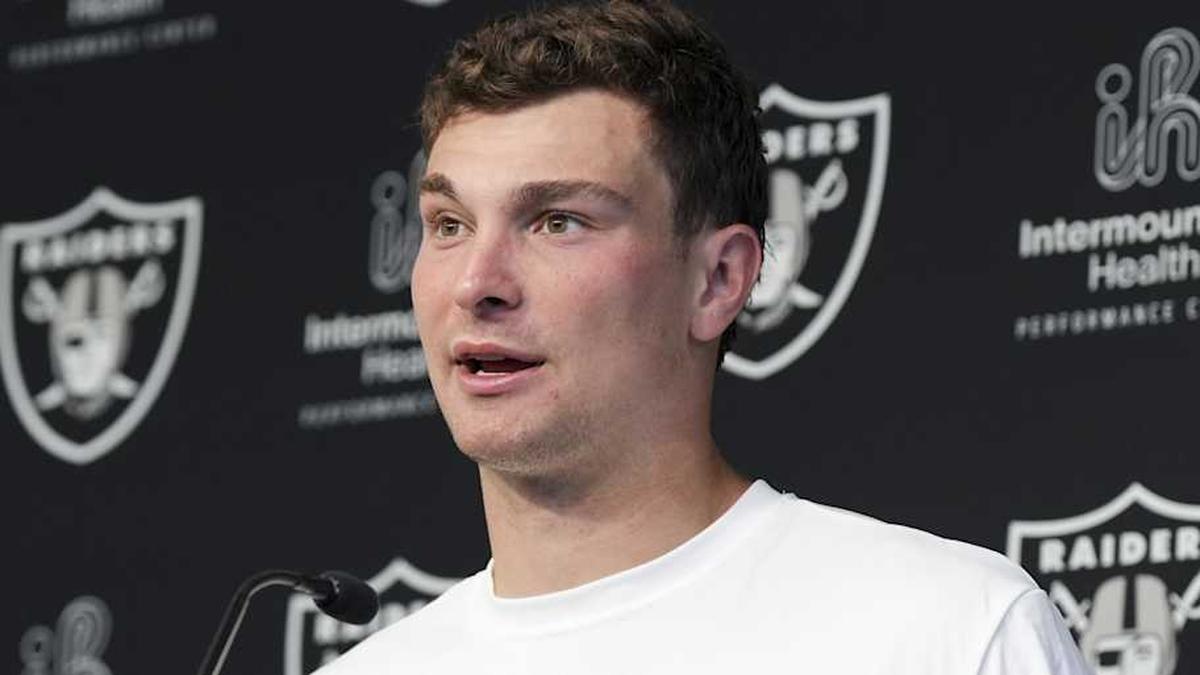  May 2, 2026; Henderson, NV, USA; Las Vegas Raiders quarterback Fernando Mendoza (15) speaks during a news conference at the team's Rookie Minicamp at Intermountain Health Performance Center. Mandatory Credit: Candice Ward-Imagn Images | Candice Ward-Imagn Images 