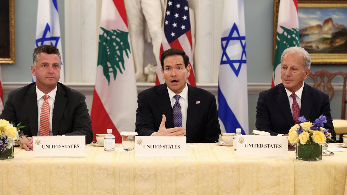 FILE PHOTO: Secretary of State Marco Rubio, flanked by U.S. State Department Counsellor Michael Needham (left) and U.S. Ambassador to Lebanon Michel Issa, in Washington, D.C., April 14, 2026. REUTERS/Kevin Lamarque/ File Photo