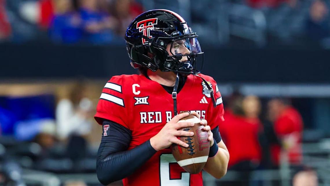  Dec 6, 2025; Arlington, TX, USA; Texas Tech Red Raiders quarterback Behren Morton (2) warms up before the game against the BYU Cougars at AT&T Stadium. Mandatory Credit: Kevin Jairaj-Imagn Images | Kevin Jairaj-Imagn Images 