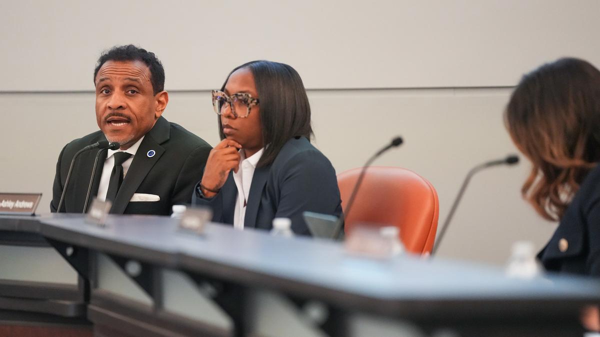 Superintendent Tony B. Watlington and Philadelphia school board vice president Sarah Ashley Andrews during the tense board meeting Thursday, April 30, 2026. (Jessica Griffin/The Philadelphia Inquirer/TNS)