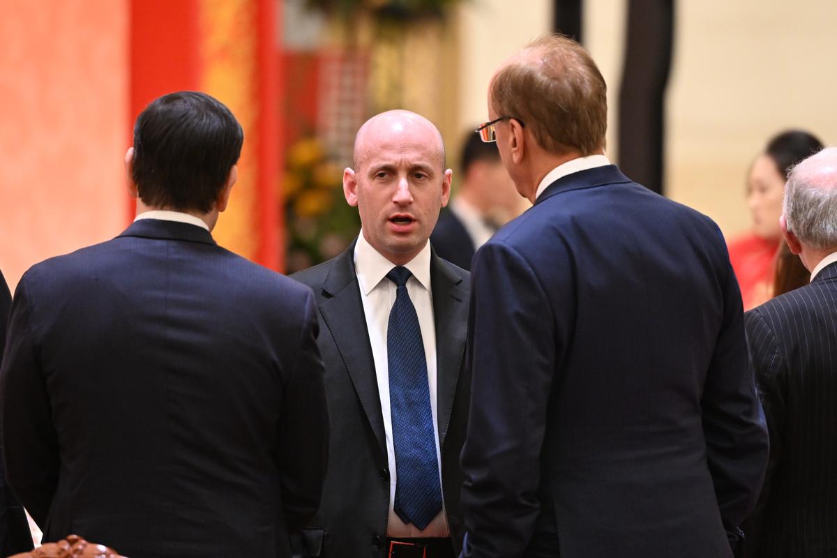 Stephen Miller, a senior White House adviser, attends a state banquet during the summit between President Donald Trump and President Xi Jinping of China, at the Great Hall of the People in Beijing on Thursday, May 14, 2026. During the first U.S. presidential visit to China in nearly a decade, Xi delivered a warning on Taiwan, saying that the issue, if handled poorly, could lead to conflict and "an extremely dangerous situation." (Kenny Holston/The New York Times)..