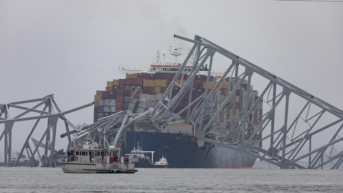 The cargo ship Dali collided with the Francis Scott Key Bridge in 2024 in Baltimore. (Scott Olson/Getty Images/TNS)