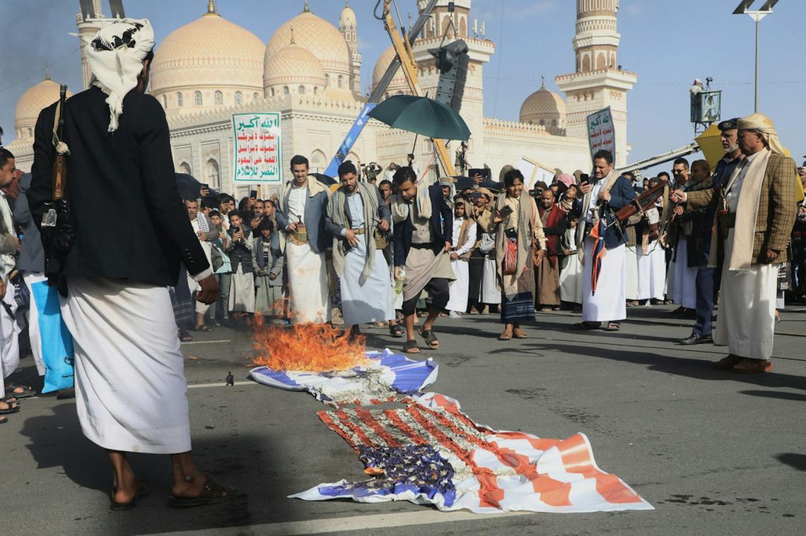  Houthi supporters burn American and Israeli flags during a rally against the war on Iran in Sanaa, Yemen, on April 3, 2026. AP Photo/Osamah Abdulrahman 