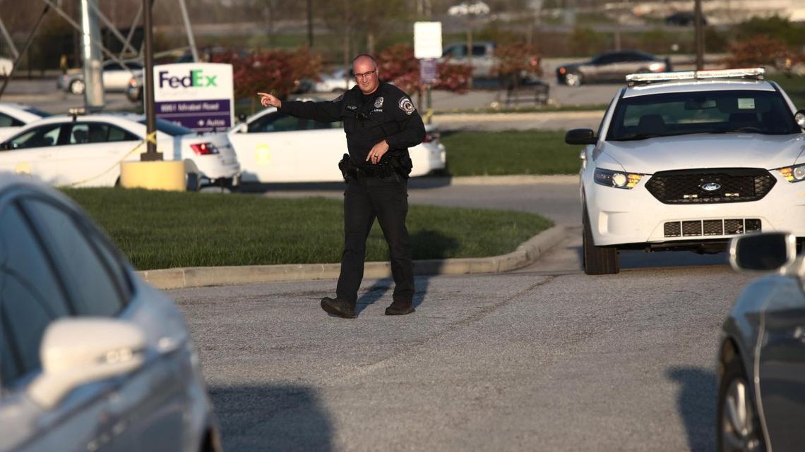Indianapolis police guard the entrance to a FedEx facility where a gunman opened fire in Indianapolis on April 15, 2021, killing eight people. File Photo by Mark Lyons/EPA-EFE