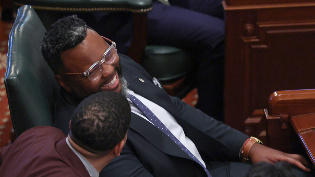 State Rep. Kam Buckner smiles after addressing a joint session of the House and Senate to honor retiring U.S. Sen. Dick Durbin at the State Capitol during the spring legislative session Wednesday, May 27, 2026, in Springfield, Illinois. (John J. Kim/Chicago Tribune/TNS)