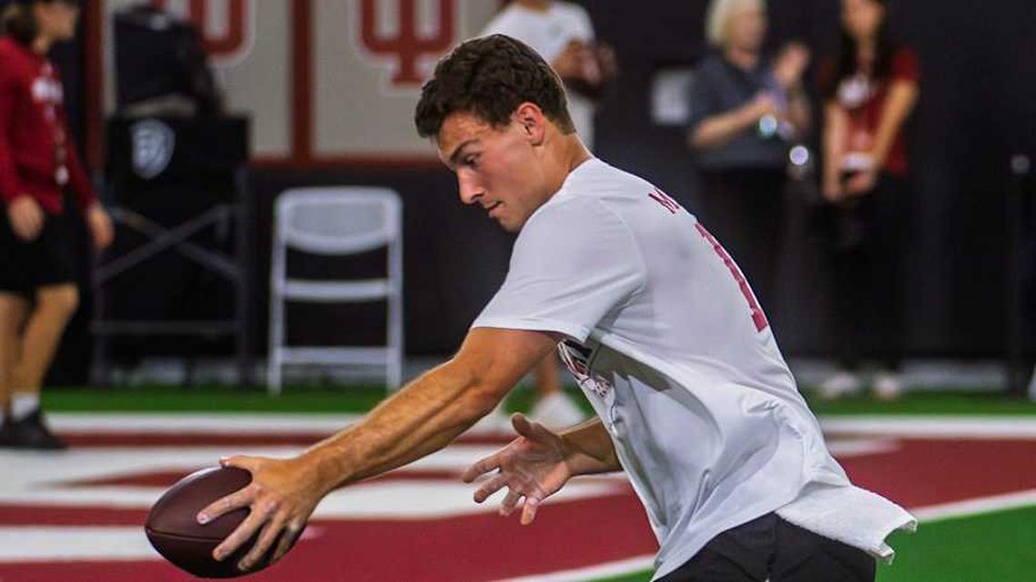  Fernando Mendoza participates in Indiana University's Pro Day at Mellencamp Pavilion on Wednesday, April 1, 2026. | Rich Janzaruk/Herald-Times / USA TODAY NETWORK via Imagn Images 