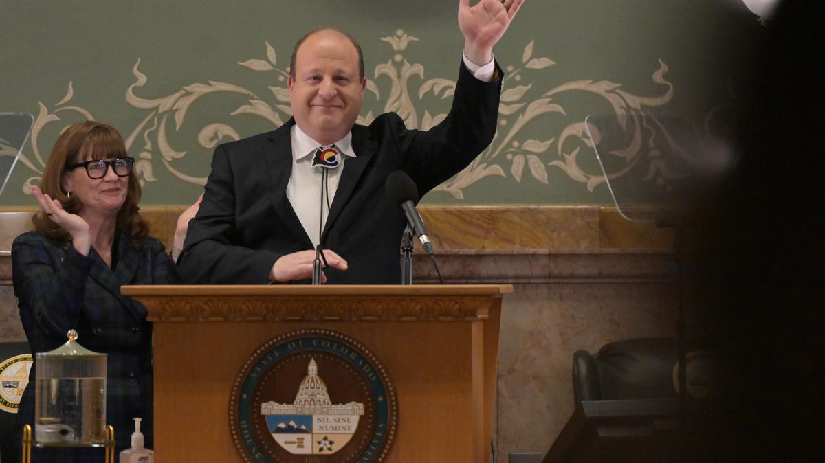 Colorado Gov. Jared Polis delivers his final State of the State address in the House chamber at the Colorado State Capitol building in Denver on Thursday, Jan. 15, 2026. Behind Polis is House Speaker Julie McCluskie. (Hyoung Chang/The Denver Post/TNS)