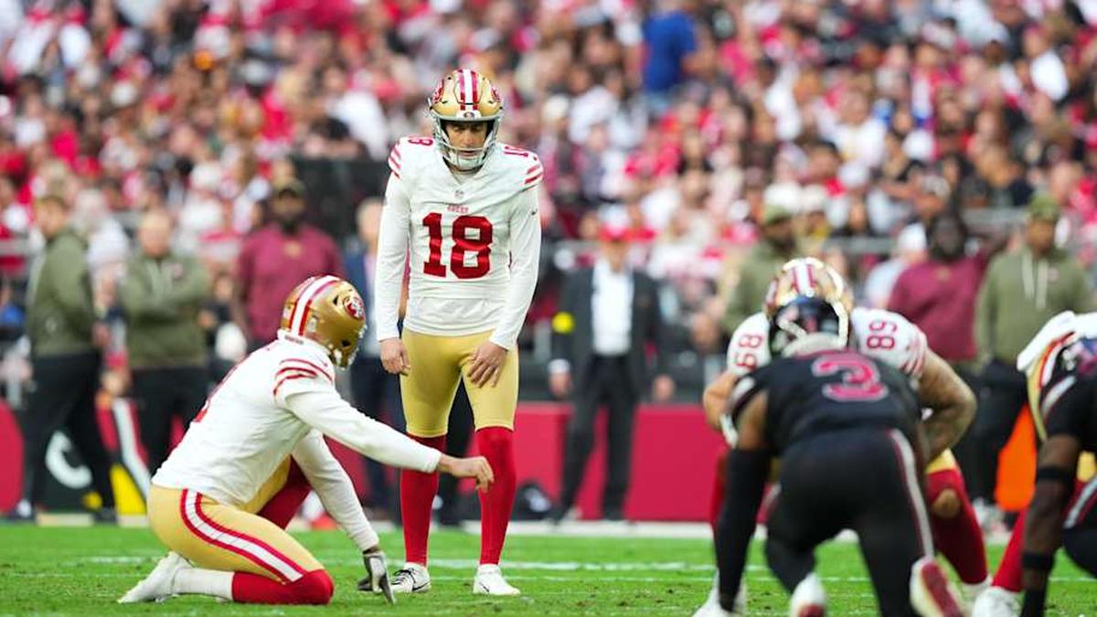  Nov 16, 2025; Glendale, Arizona, USA; San Francisco 49ers kicker Eddy Piñeiro (18) prepares to kick a field goal in the third quarter against the Arizona Cardinals at State Farm Stadium. Mandatory Credit: Joe Camporeale-Imagn Images | Joe Camporeale-Imagn Images 
