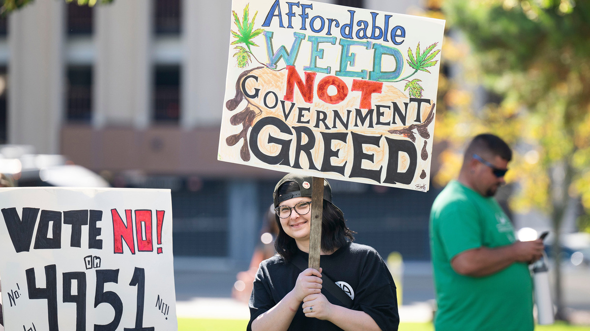 Samantha Henry of Battle Creek, Michigan, holds a sign as a large crowd gathers outside of the Michigan State Capitol to protest against a potential tax increase on marijuana sales on Tuesday, Sept. 30, 2025, in Lansing, Michigan. (Katy Kildee/The Detroit News/TNS)