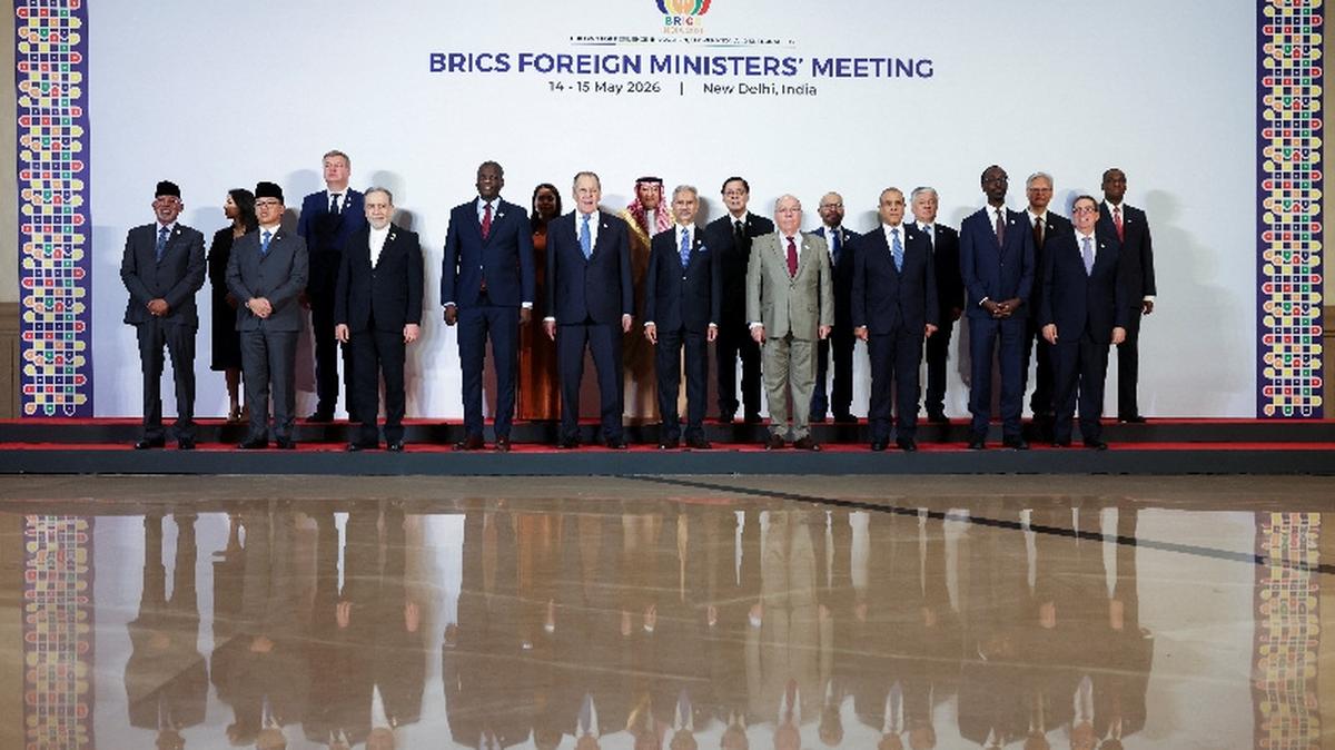 Uganda’s Foreign Minister Odongo Jeje Abubakha, Indonesia's Foreign Minister Sugiono, Iran's Foreign Minister Abbas Araqchi, South Africa's Foreign Minister Ronald Lamola, Russia's Foreign Minister Sergei Lavrov, India's Foreign Minister Subrahmanyam Jaishankar, Brazil's Foreign Minister Mauro Vieira, Egypt's Foreign Minister Badr Abdelatty, Ethiopia's Foreign Minister Gedion Timothewos, China's Ambassador to India Xu Feihong, UAE's Minister of State for Foreign Affairs Khalifa bin Shaheen Al Marar, and others pose for a family photo during the BRICS foreign ministers' meeting at Bharat Mandapam in New Delhi, India May 14, 2026. REUTERS/Adnan Abidi