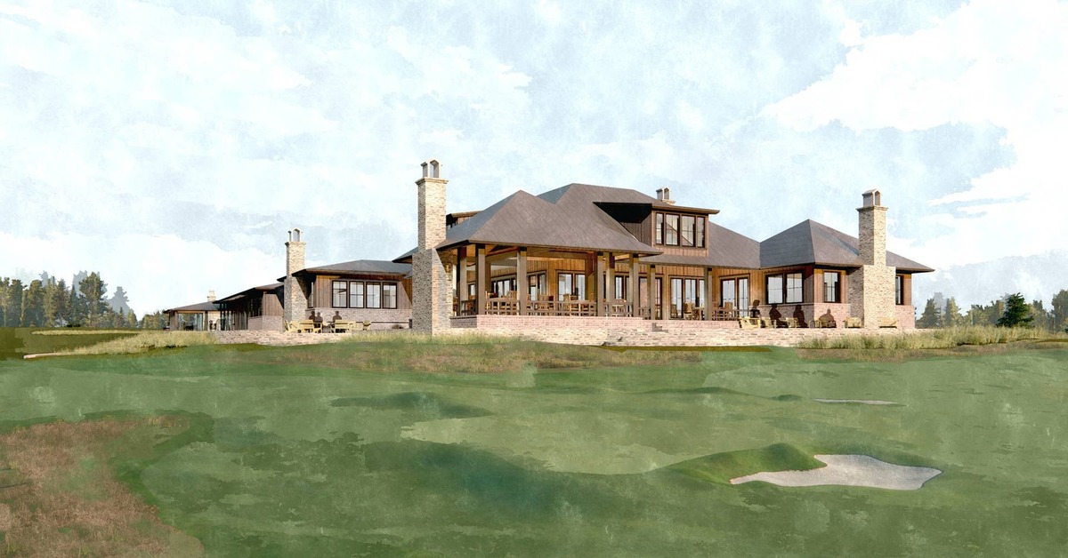  An architectural rendering of Kawonu Golf Club's main clubhouse, designed by Joel Newman, showcases the timeless aesthetic planned for the private golf-only club overlooking the 18th green. Rendering courtesy of Kawonu Golf Club.