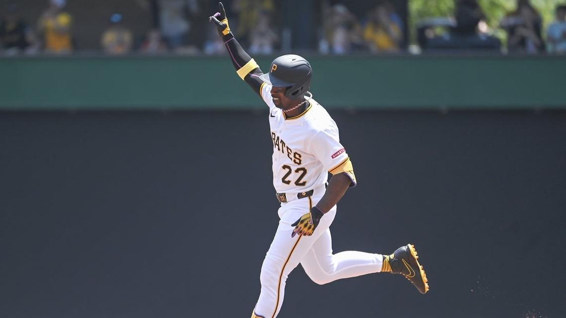 Jun 11, 2025; Pittsburgh, Pennsylvania, USA; Pittsburgh Pirates designated hittere Andrew McCutchen (22) rounds the bases after hitting a home run against the Miami Marlins during the fifth inning at PNC Park. The home run was his 241st, putting him ahead of Roberto Clemente on the Pirates all-time home run list.