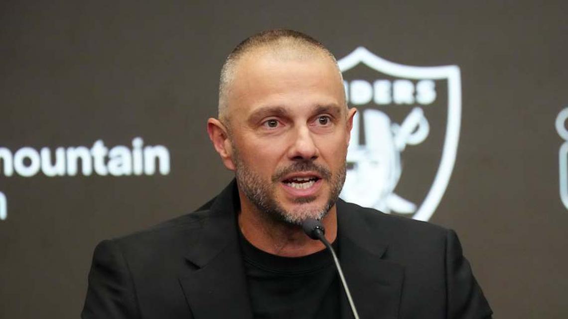  Feb 10, 2026; Henderson, NV, USA; Las Vegas Raiders general manager John Spytek at press conference at Intermountain Health Performance Center. Mandatory Credit: Kirby Lee-Imagn Images | Kirby Lee-Imagn Images 