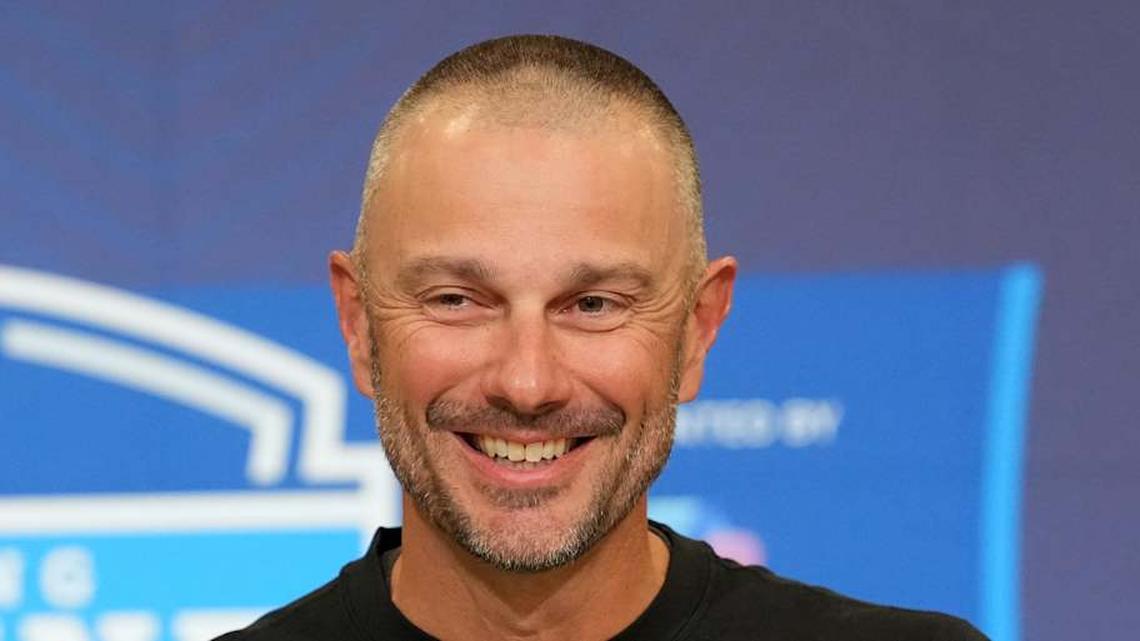  Feb 24, 2026; Indianapolis, IN, USA; Las Vegas Raiders general manager John Spytek speaks at the NFL Scouting Combine at the Indiana Convention Center. Mandatory Credit: Kirby Lee-Imagn Images | Kirby Lee-Imagn Images 