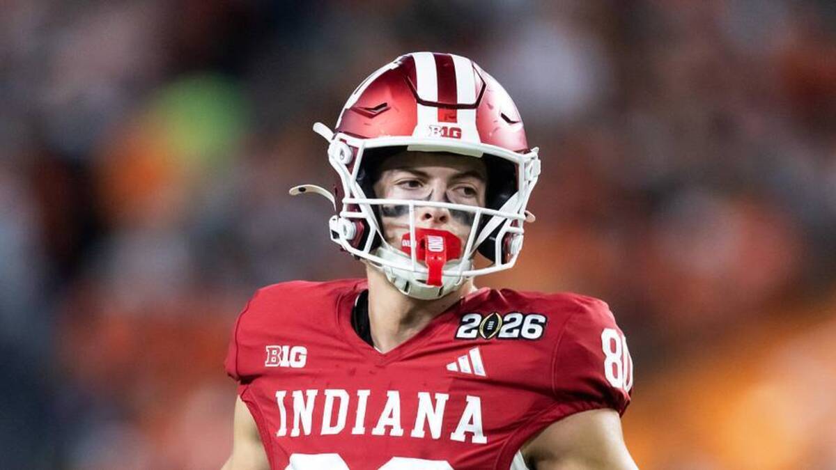  Jan 19, 2026; Miami Gardens, FL, USA; Indiana Hoosiers wide receiver Charlie Becker (80) against the Miami Hurricanes in the College Football Playoff National Championship game at Hard Rock Stadium. Mandatory Credit: Mark J. Rebilas-Imagn Images | Mark J. Rebilas-Imagn Images 