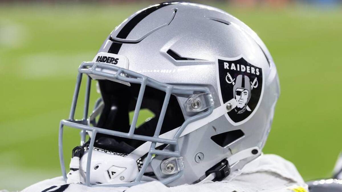  Aug 23, 2025; Glendale, Arizona, USA; Detailed view of a Las Vegas Raiders helmet during a preseason NFL game at State Farm Stadium. Mandatory Credit: Mark J. Rebilas-Imagn Images | Mark J. Rebilas-Imagn Images 