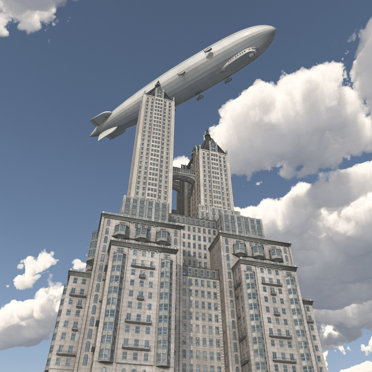  An illustration of a Zeppelin, a type of airship, floating over the top of a skyscraper. 