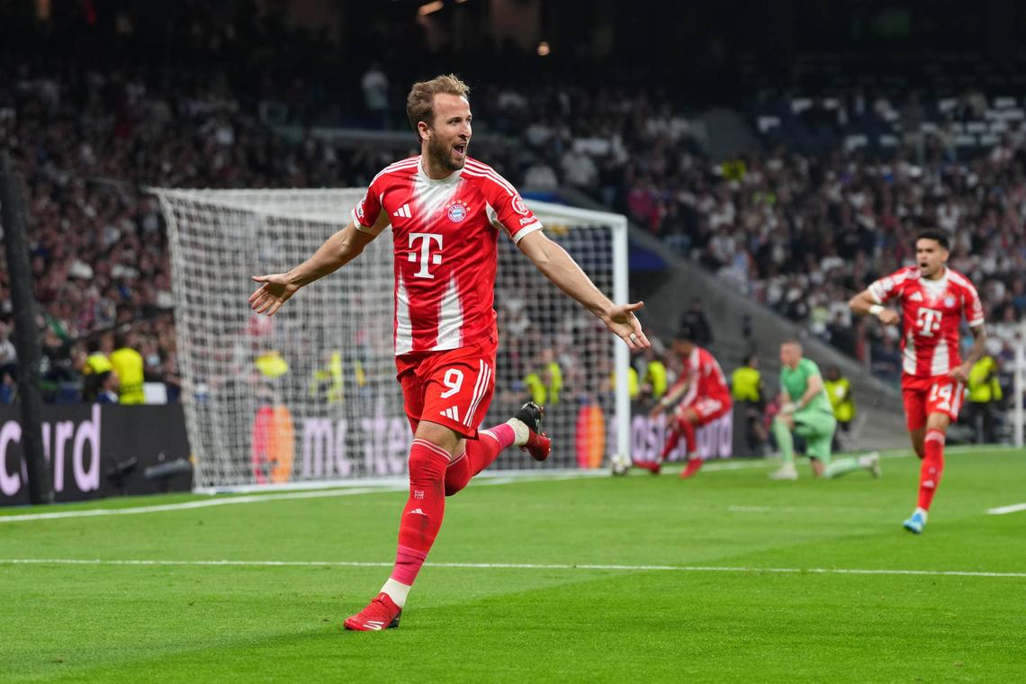  Harry Kane of FC Bayern Munich celebrates scoring his team's second goal during the UEFA Champions League 2025/26 Quarter-Final First Leg match between Real Madrid CF and FC Bayern München at Estadio Santiago Bernabeu on April 07, 2026 in Madrid, Spain. (Photo by Aitor Alcalde/Getty Images) Photo by Aitor Alcalde/Getty Images