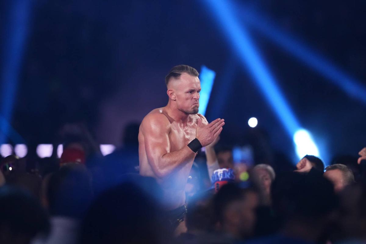  Feb 1, 2025; Indianapolis, IN, USA; Ludwig Kaiser during the Men's Royal Rumble match during the WWE Royal Rumble at Lucas Oil Stadium. Mandatory Credit: Joe Camporeale-Imagn Images 