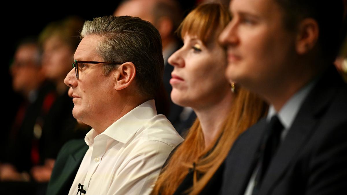 Left to right: Labour leader Sir Keir Starmer, Deputy leader, Angela Rayner, and Shadow Health Secretary, Wes Streeting, attend an event to launch Labour's election pledges at The Backstage Centre on May 16, 2024, in Purfleet, United Kingdom. Labour Leader Keir Starmer pledges to deliver economic stability, cut NHS waiting times, launch a new Border Security Command, set up Great British Energy and recruit 6,500 new teachers if Labour win the next General Election. (Leon Neal/Getty Images/TNS)