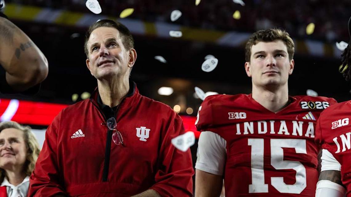  Jan 19, 2026; Miami Gardens, FL, USA; Indiana Hoosiers head coach Curt Cignetti and quarterback Fernando Mendoza (15) after defeating the Miami Hurricanes in the College Football Playoff National Championship game at Hard Rock Stadium. Mandatory Credit: Mark J. Rebilas-Imagn Images | Mark J. Rebilas-Imagn Images 