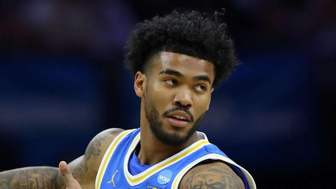  Mar 22, 2026; Philadelphia, PA, USA; UCLA Bruins guard Donovan Dent (2) reacts UConn Huskies in the first half during a second round game of the men's 2026 NCAA Tournament at Xfinity Mobile Arena. Mandatory Credit: Bill Streicher-Imagn Images | Bill Streicher-Imagn Images 