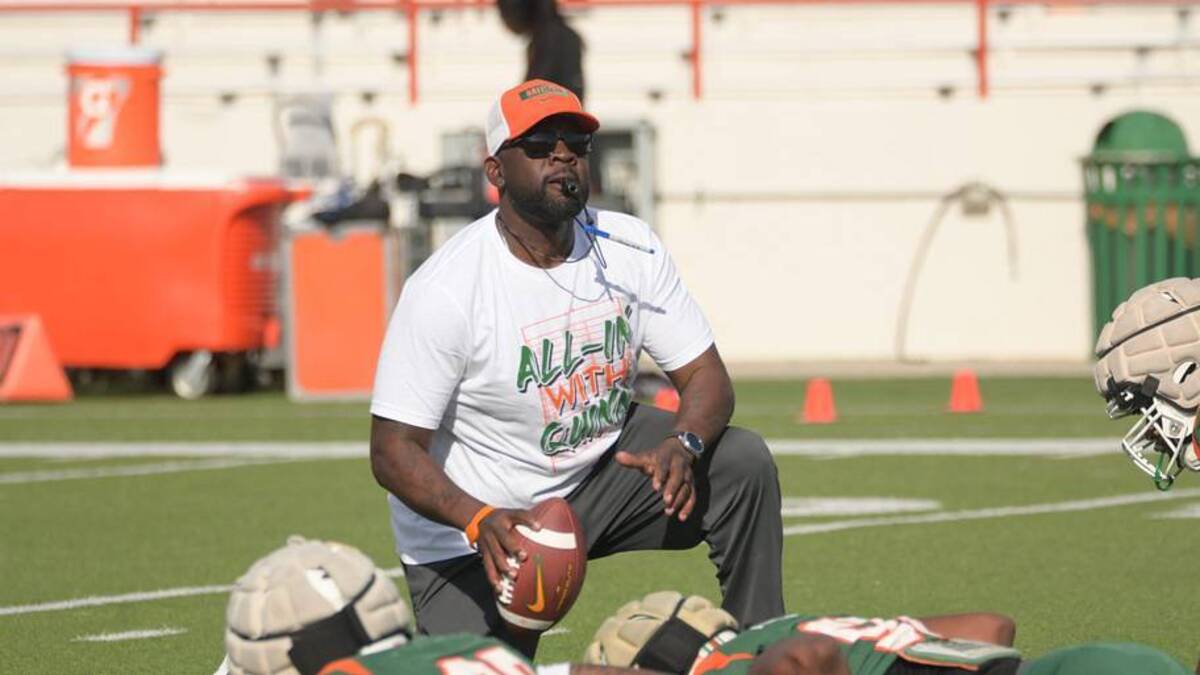  Florida A&M Rattlers head coach Quinn Gray Sr. leads his team during warmups for the 'Friday Night Strike' Orange and Green Spring Football Game on Ken Riley Field at Bragg Memorial Stadium in Tallahassee, Florida, Friday, April 3, 2026. | Gerald Thomas / USA TODAY NETWORK via Imagn Images 