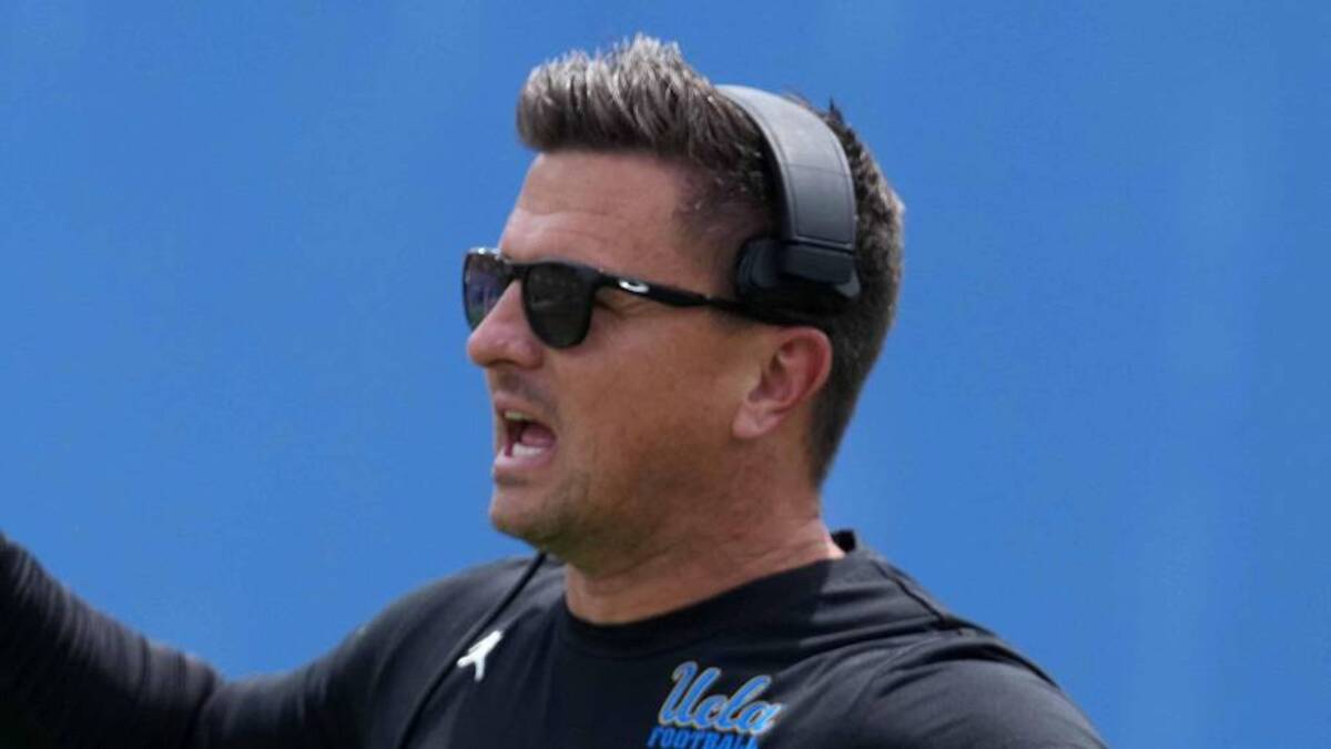  May 2, 2026; Pasadena, CA, USA; UCLA Bruins coach Bob Chesney reacts during the spring game at Rose Bowl. Mandatory Credit: Kirby Lee-Imagn Images | Kirby Lee-Imagn Images 