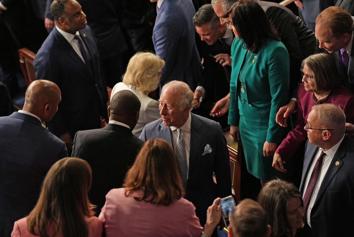 King Charles III and Queen Camilla greet attendees after speaking at a joint meeting of Congress in honor of the 250th anniversary of American independence at the Capitol in Washington, on Tuesday, April 28, 2026. (Salwan Georges/The New York Times)