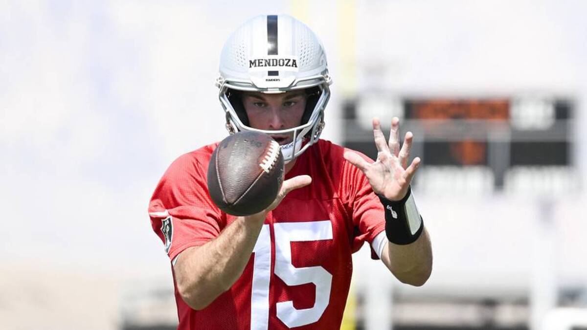  May 2, 2026; Henderson, NV, USA; Las Vegas Raiders quarterback Fernando Mendoza (15) runs through a drill during a Rookie Minicamp at Intermountain Health Performance Center. Mandatory Credit: Candice Ward-Imagn Images | Candice Ward-Imagn Images 