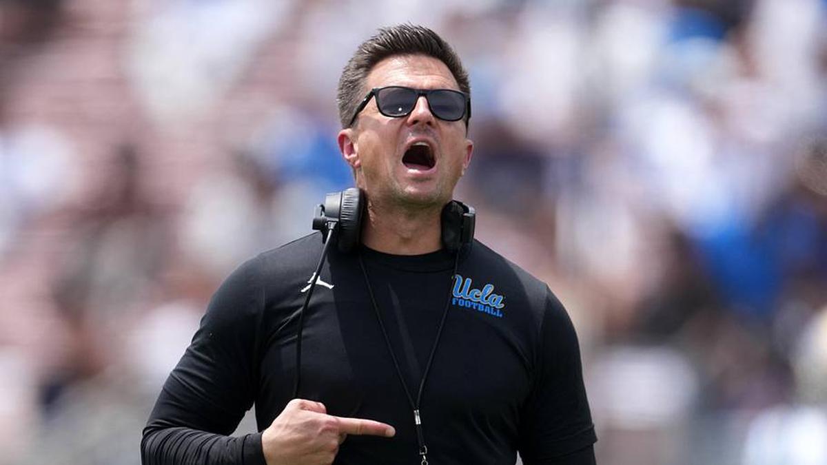  May 2, 2026; Pasadena, CA, USA; UCLA Bruins coach Bob Chesney reacts during the spring game at Rose Bowl. Mandatory Credit: Kirby Lee-Imagn Images | Kirby Lee-Imagn Images 