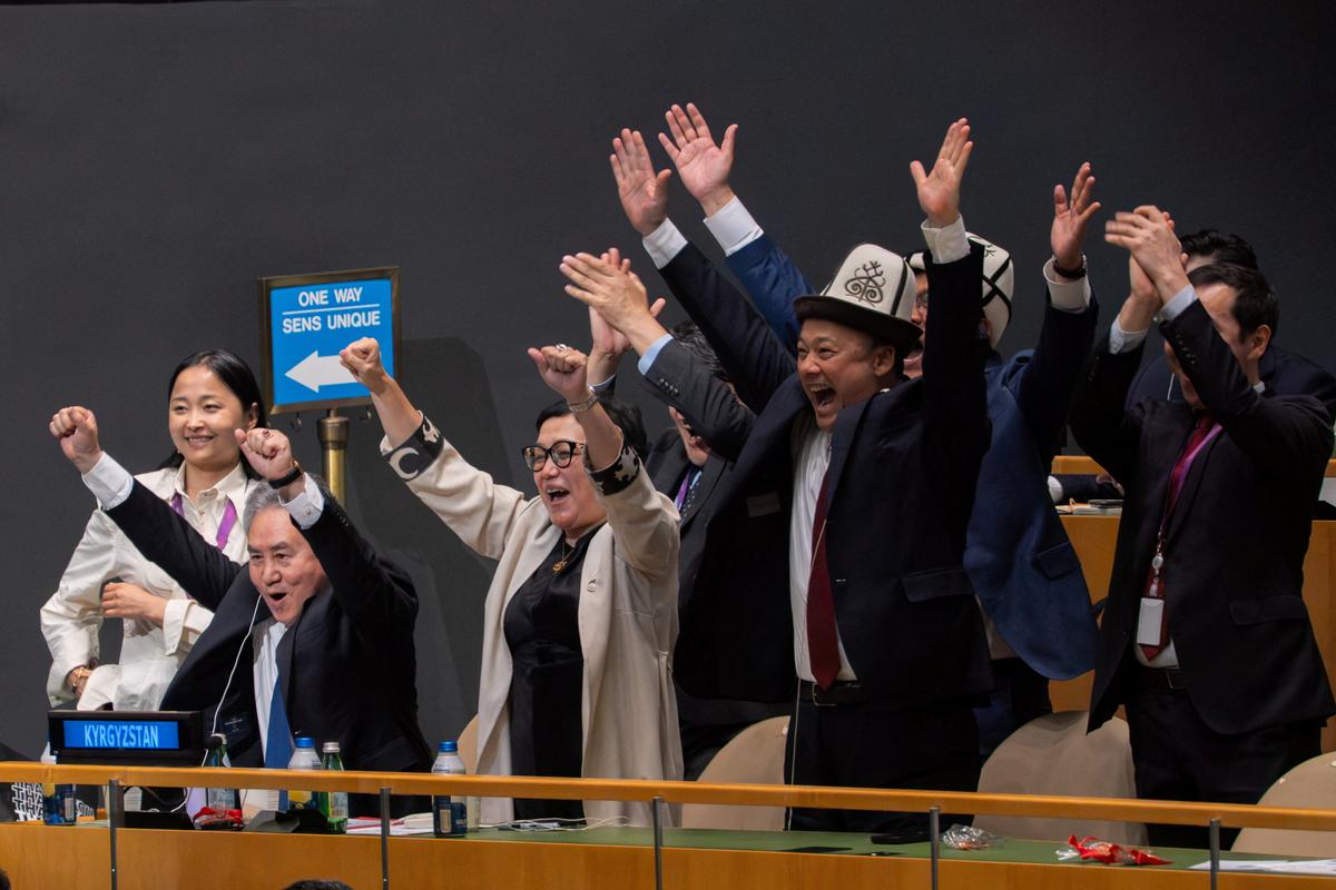 Minister of Foreign Affairs of the Kyrgyz Republic Jeenbek Kulubayev reacts after securing position against the Philippines following multiple rounds of voting during the elections of non-permanent members of the United Nations Security Council at U.N. headquarters in New York City, U.S., June 3, 2026. REUTERS/David 'Dee' Delgado