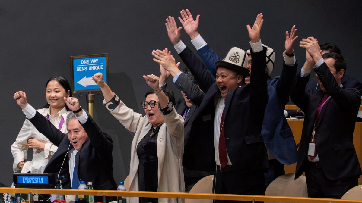 Minister of Foreign Affairs Jeenbek Kulubayev reacts after Kyrgyzstan secured a position as one of the new non-permanent members of the United Nations Security Council at U.N. headquarters in New York City on Wednesday.