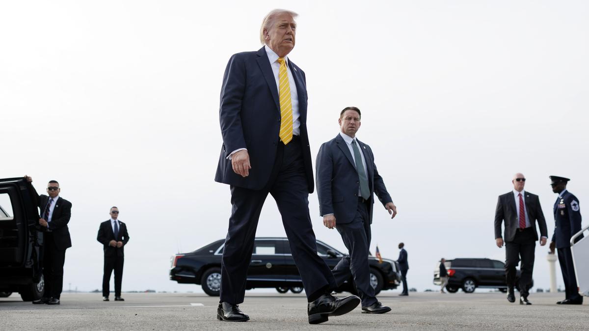 President Donald Trump arrives to speak to reporters at Palm Beach International Airport in West Palm Beach, Fla., on Saturday, May 2, 2026. Trump again put pressure on Iran on Wednesday, May 6, 2026, to agree to a deal to end the war, offering safe passage for all vessels through the Strait of Hormuz if Iran "agrees to give what has been agreed," without offering details about what those apparent concessions were. (Tom Brenner/The New York Times)
